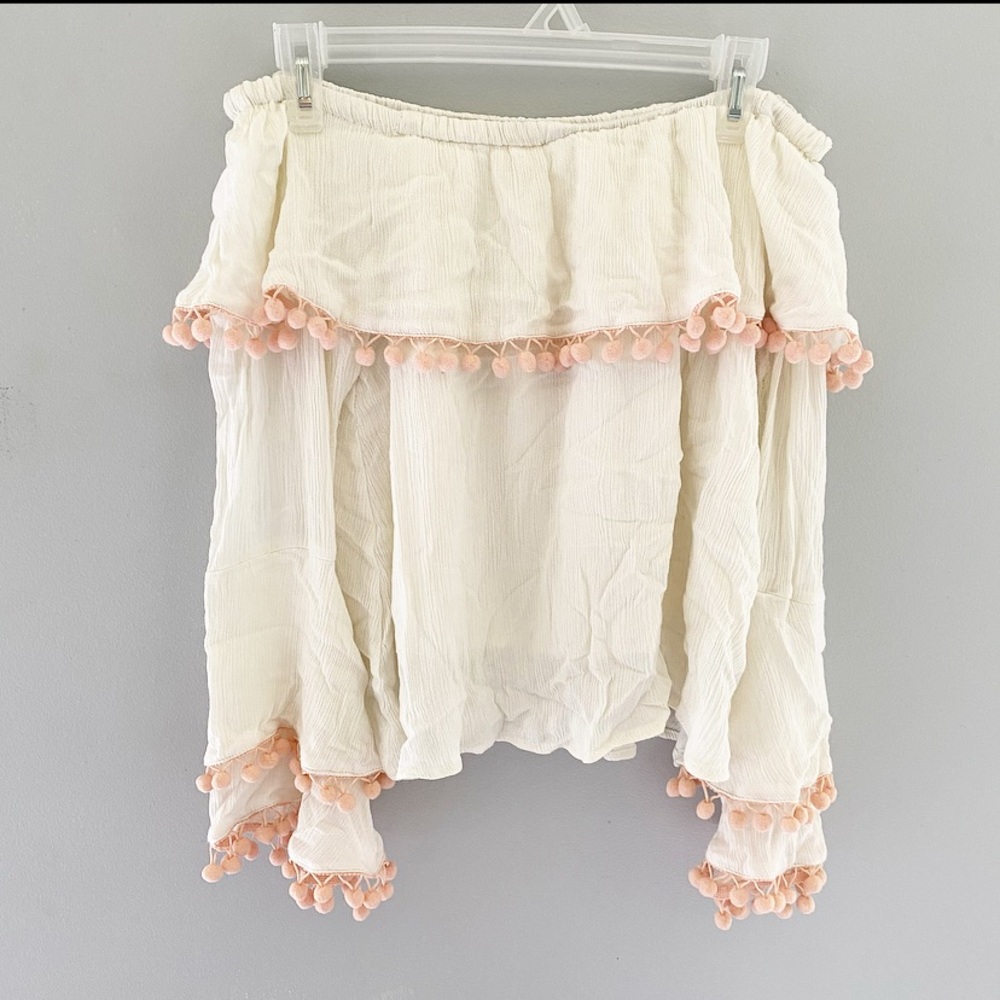 Altar'd State Top Off the Shoulder Pom-Pom Fringe Cream Pink Medium Flowy Ruffle
